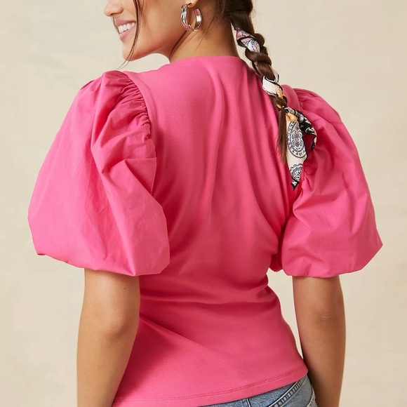 ANTHROPOLOGIE • Maeve Puff-Sleeve Wrap Top in Pink - Picture 10 of 11